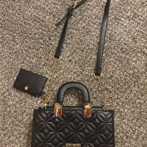 Steve Madden Black Quilted Crossbody Bag with Gold Accents
